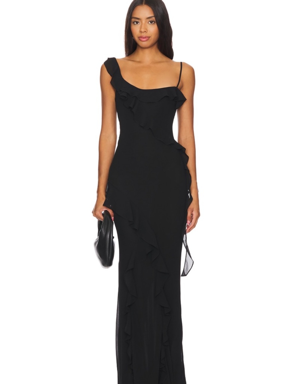 MAJORELLE Black One-Shoulder Ruffle Maxi Dress